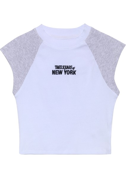 Yazı Baskılı Fitilli Kolsuz Tişört Beyaz