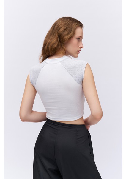 Yazı Baskılı Fitilli Kolsuz Tişört Beyaz