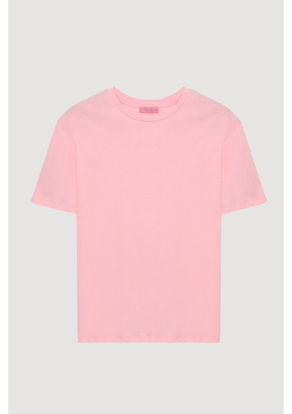 Bisiklet Yaka Oversize Basic Tişört Pembe