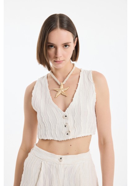 Kırçıllı Düğmeli Keten Kısa Yelek Naturel