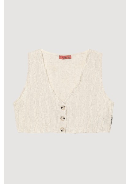 Kırçıllı Düğmeli Keten Kısa Yelek Naturel