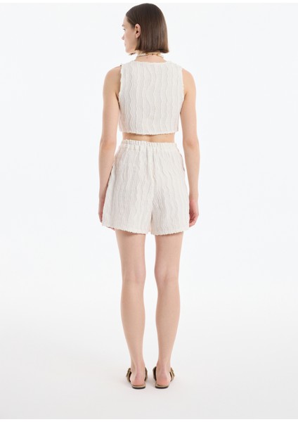 Kırçıllı Düğmeli Keten Kısa Yelek Naturel