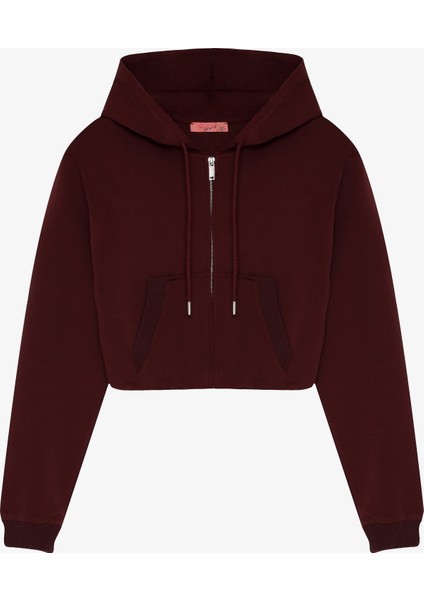 Kapüşonlu Fermuarlı Basic Sweatshirt Bordo