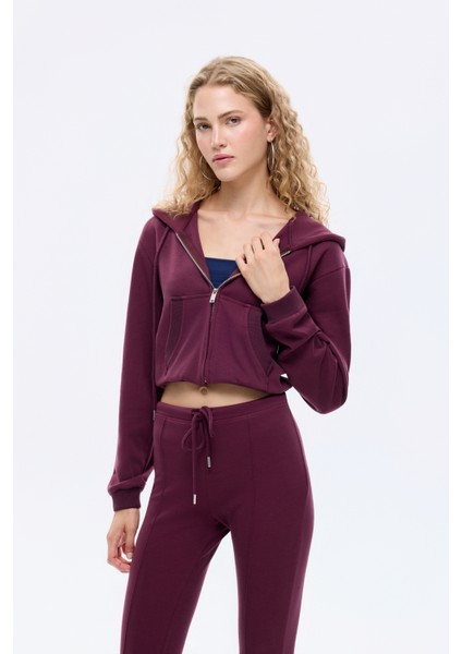 Kapüşonlu Fermuarlı Basic Sweatshirt Bordo