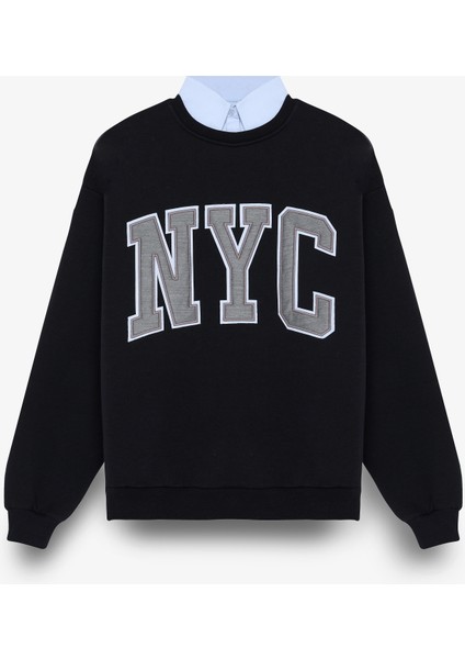 Gömlek Yakalı Nakış Detaylı Oversize Sweatshirt Lacivert