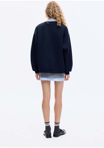 Gömlek Yakalı Nakış Detaylı Oversize Sweatshirt Lacivert