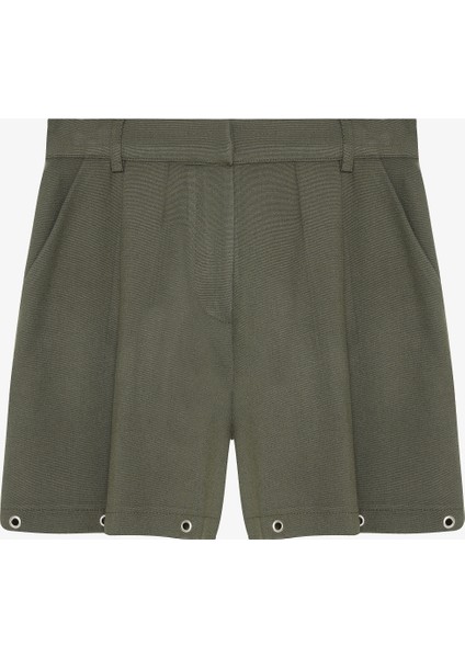 Kuş Gözü Aksesuarlı Önü Pileli Mini Şort Haki modelleri