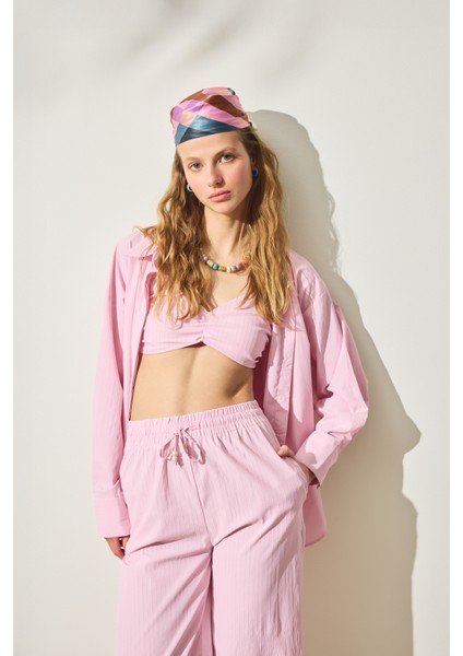 Ince Çizgili Oversize Gömlek Pembe
