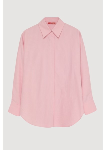 Ince Çizgili Oversize Gömlek Pembe