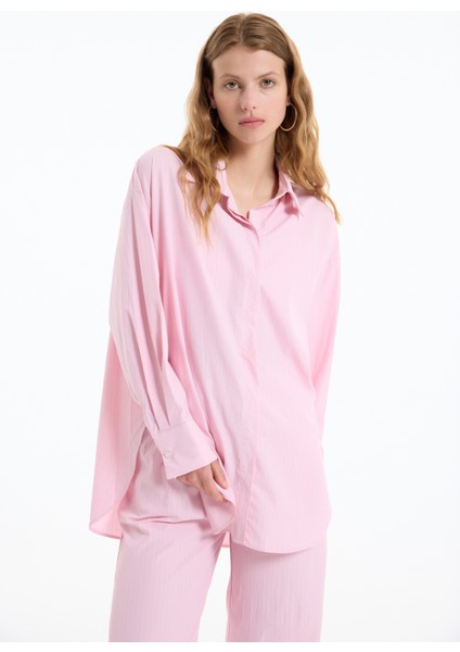 Ince Çizgili Oversize Gömlek Pembe