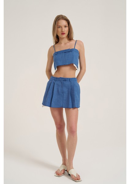 Kumaş Matchli Pileli Mini Etek İndigo