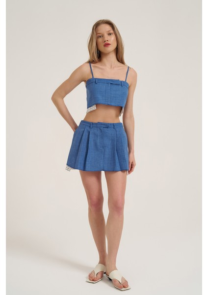 Kumaş Matchli Pileli Mini Etek İndigo