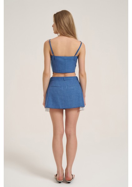 Kumaş Matchli Pileli Mini Etek İndigo