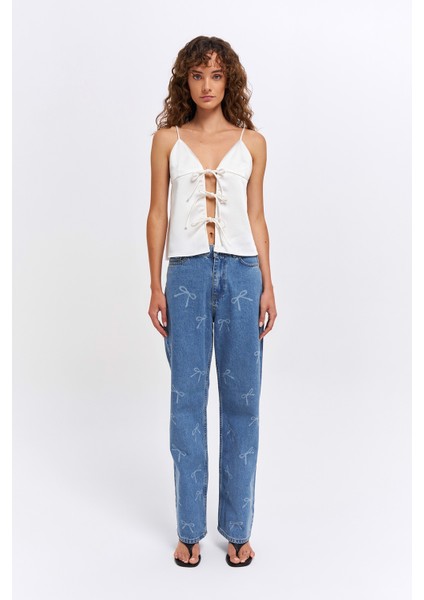 Eskitme Kurdele Detaylı Kot Pantolon Mavi