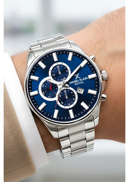 Erkek Kol Saati Takvimli Çelik Kordon Çelik Kasa 3 Atm Su Geçirmez Gümüş-Mavi zmdk1143