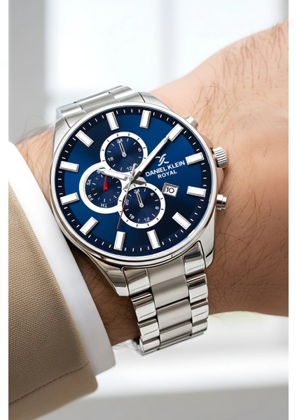 Erkek Kol Saati Takvimli Çelik Kordon Çelik Kasa 3 Atm Su Geçirmez Gümüş-Mavi zmdk1143