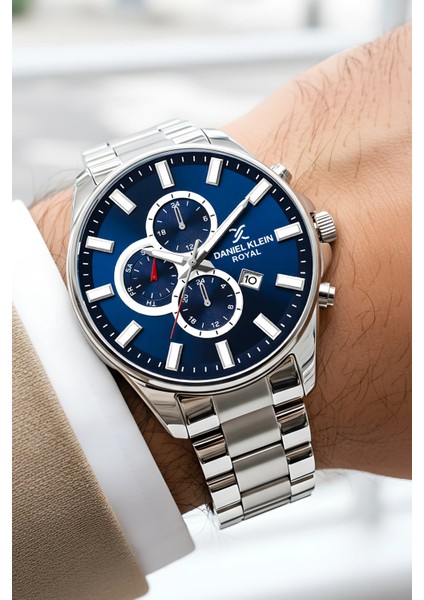 Erkek Kol Saati Takvimli Çelik Kordon Çelik Kasa 3 Atm Su Geçirmez Gümüş-Mavi zmdk1143