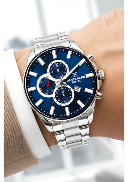 Erkek Kol Saati Takvimli Çelik Kordon Çelik Kasa 3 Atm Su Geçirmez Gümüş-Mavi zmdk1143