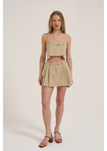 Kumaş Matchli Pileli Mini Etek Taş