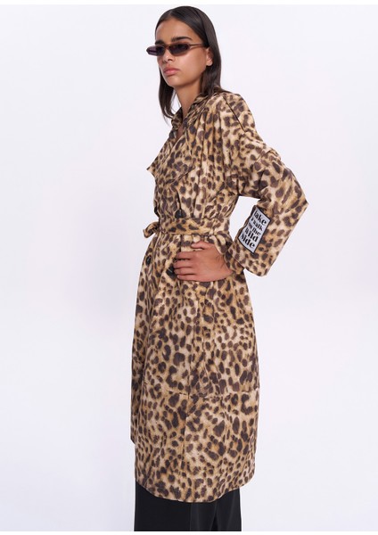 Leopar Desenli Uzun Trençkot Bej