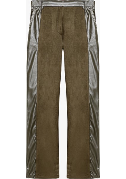 Deri Garnili Bol Paça Süet Pantolon Haki fiyatları