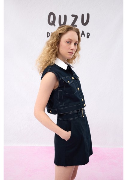 Yaka Detaylı Düğmeli Crop Gömlek Lacivert