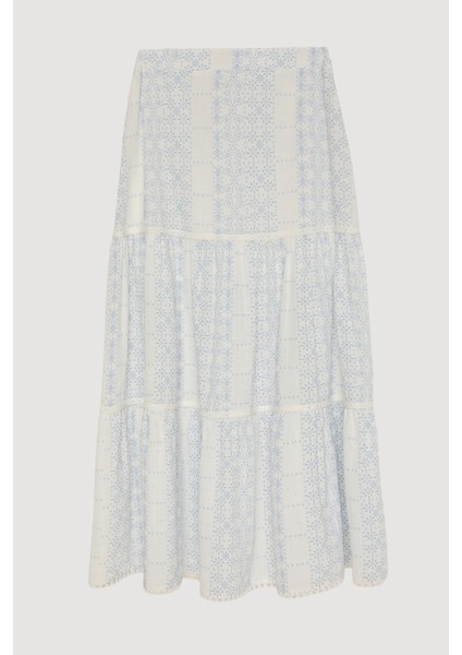 Desenli Volanlı Midi Boy Etek Ekru