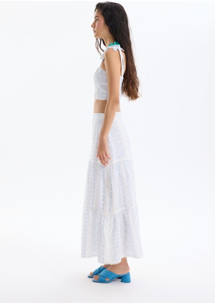 Desenli Volanlı Midi Boy Etek Ekru