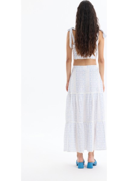 Desenli Volanlı Midi Boy Etek Ekru