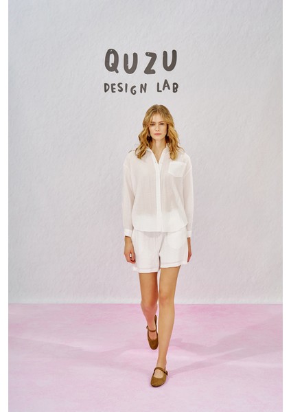 Dokulu Cepli Oversize Basic Gömlek Ekru