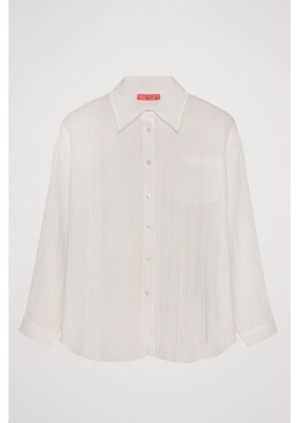 Dokulu Cepli Oversize Basic Gömlek Ekru