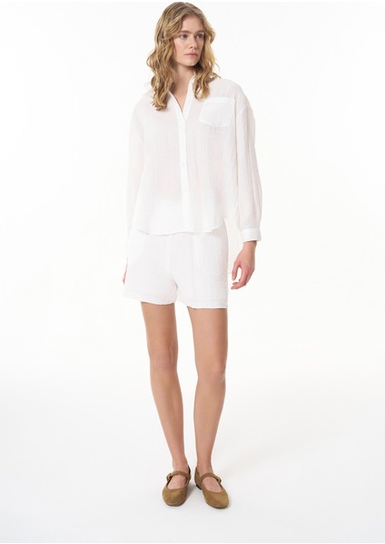 Dokulu Cepli Oversize Basic Gömlek Ekru