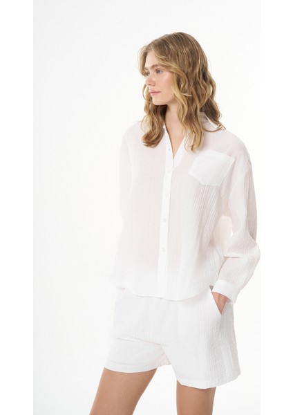 Dokulu Cepli Oversize Basic Gömlek Ekru