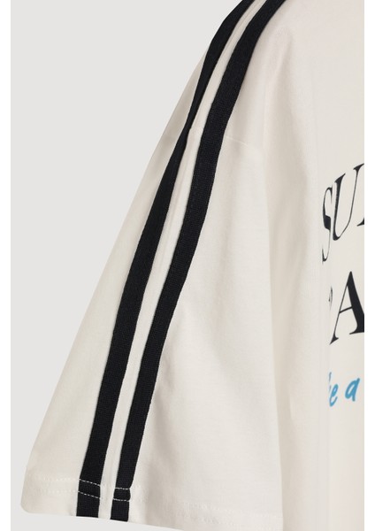 Biye Detaylı Yazı Baskılı Crop Tişört Ekru