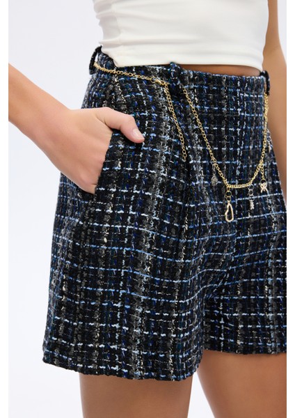 Zincir Kemerli Tüvit Mini Şort Lacivert indirimleri
