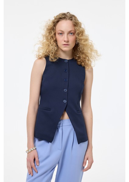 Düğmeli V Kesim Kolsuz Yelek Lacivert