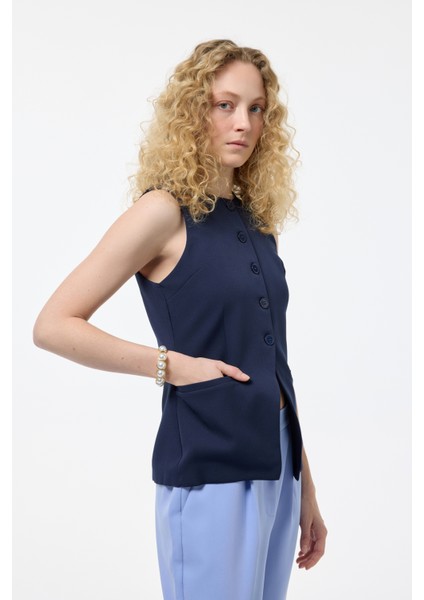 Düğmeli V Kesim Kolsuz Yelek Lacivert