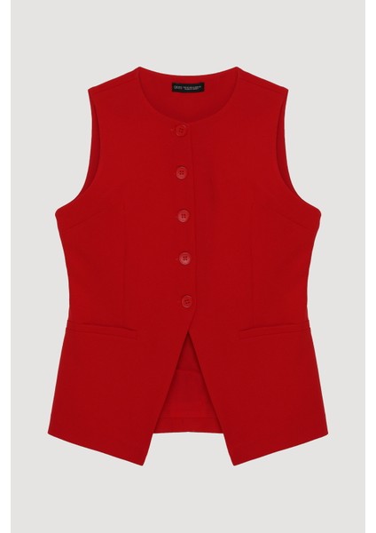Düğmeli V Kesim Kolsuz Yelek Kırmızı