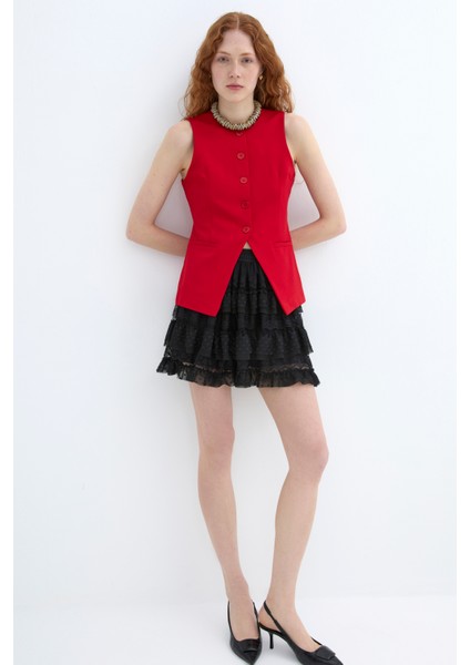 Düğmeli V Kesim Kolsuz Yelek Kırmızı