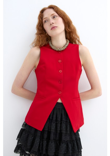 Düğmeli V Kesim Kolsuz Yelek Kırmızı