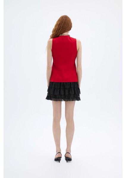 Düğmeli V Kesim Kolsuz Yelek Kırmızı