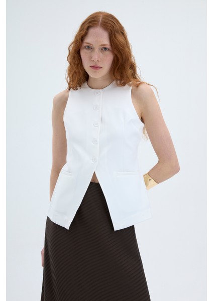 Düğmeli V Kesim Kolsuz Yelek Ekru
