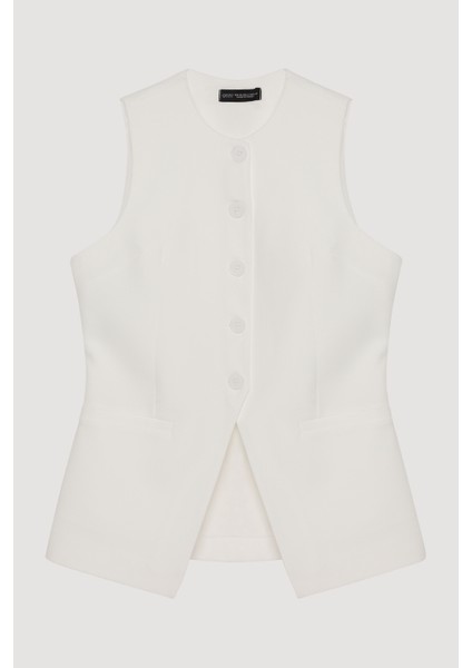 Düğmeli V Kesim Kolsuz Yelek Ekru