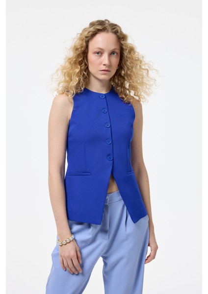 Düğmeli V Kesim Kolsuz Yelek Sax