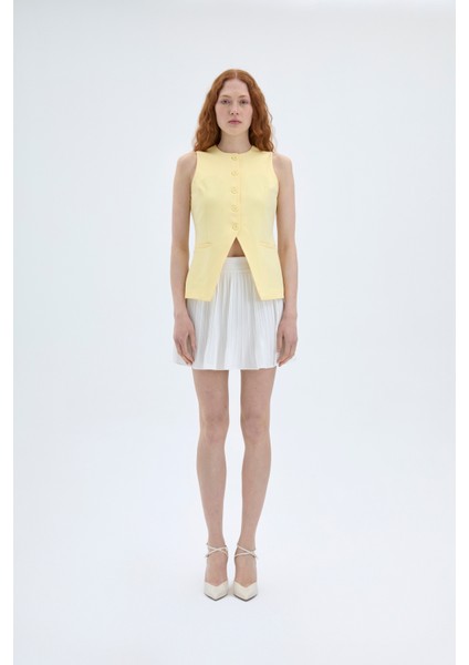 Düğmeli V Kesim Kolsuz Yelek Sarı