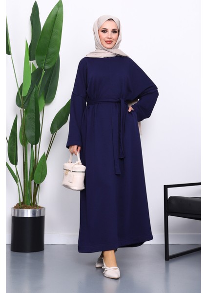 Lacivert Kuşaklı Üç İplik Elbise