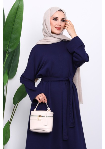 Lacivert Kuşaklı Üç İplik Elbise modelleri