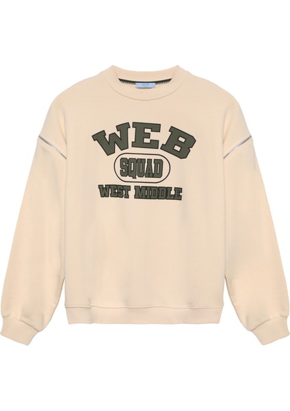 Kolu Fermuarlı Yazı Baskılı Sweatshirt Bej fiyatları