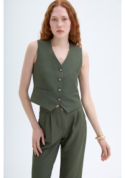 Önü Düğmeli Yelek Haki