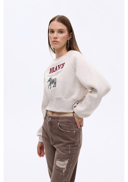 Zebra Nakışlı Sırtı Fermuarlı Sweatshirt Bej indirimleri